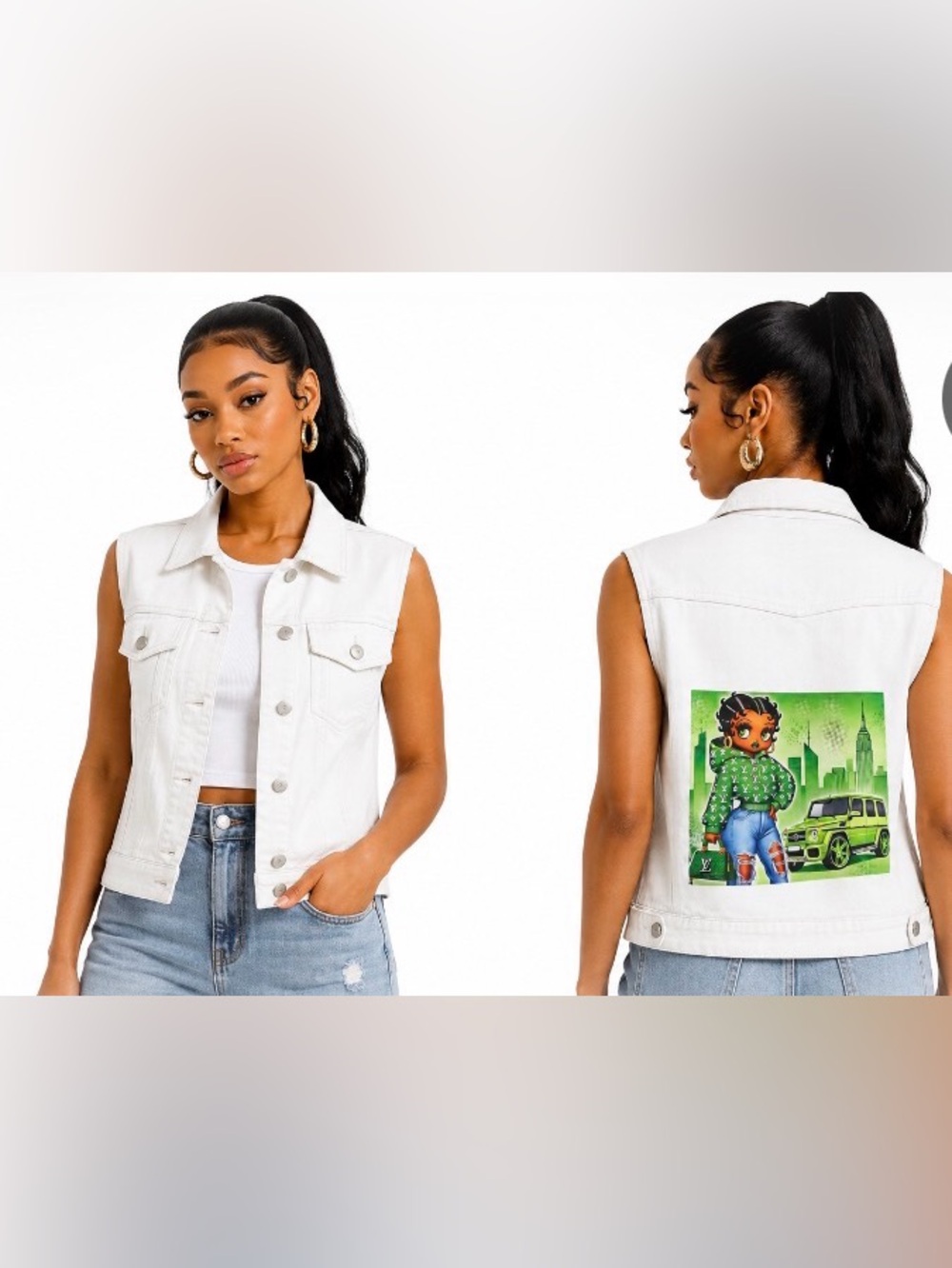 White Sleeveless Denim Vest with Back Graphic Ptp 25 length from shoulder 26